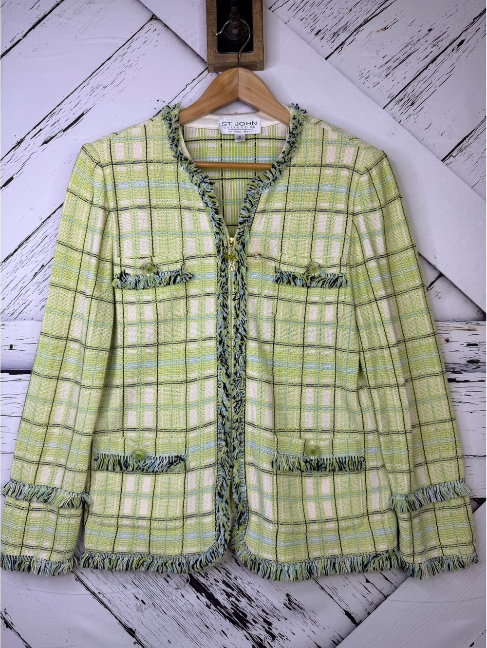 Vintage St. John Collection Lime Green Plaid Fringe Knit Zip Jacket Women 10